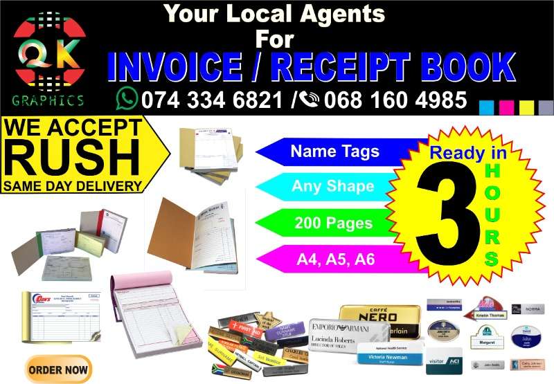 Self-inking Stamps, Name Tags, Invoice Books.